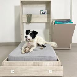 CAMA REBATIBLE PARA MASCOTA CON COMEDERO